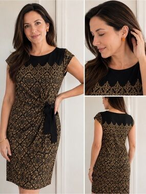 Just...Taylor Black and Gold Tie-Accent Cap Sleeve Midi Dress Sz 14